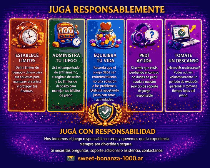 Banner de juego responsable para Sweet Bonanza 1000 con consejos sobre límites, administración del juego, equilibrio personal, ayuda, descansos y contacto en sweet-bonanza-1000.games.