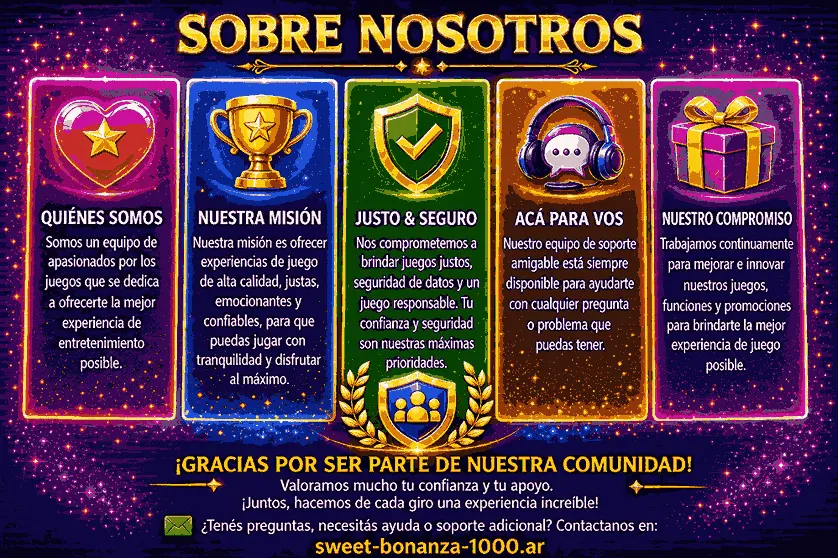 Banner “Sobre Nosotros” de Sweet Bonanza 1000 con íconos coloridos de gaming, información sobre quiénes somos, misión, juego justo y seguro, soporte, compromiso con la comunidad y contacto en sweet-bonanza-1000.games